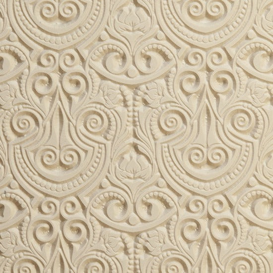 Rollable Texture Tile - Nouveau Bouquet. Rollable Texture Tiles measure 4" x 5-1/2" overall and have a textured area of 2-3/8" x 4-7/8"; perfect for larger projects. Each texture has a shoulder that allows one of our Clay Thickness Rolling Frames to sit directly on the texture for rolling. Rollable Texture Tiles are flexible, washable and can be used with any soft clay. Spritz with CoolSlip or dust on Dry Powder Release for stick-free impressions when using metal clay and polymer clay.