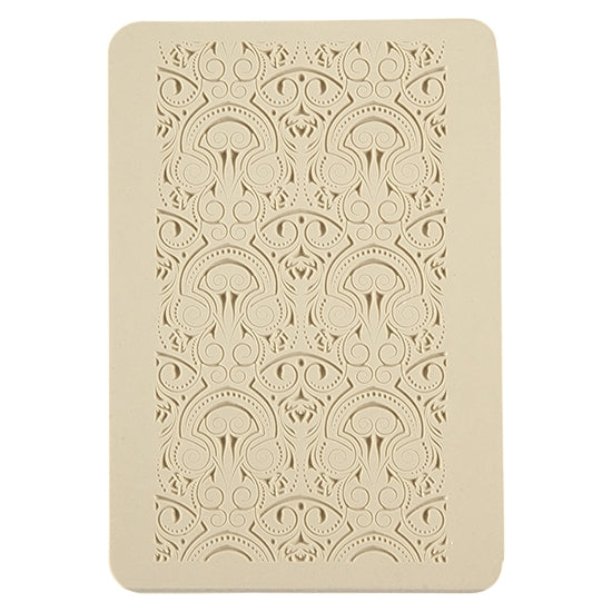 Rollable Texture Tile - Nouveau Boquet Embossed. Rollable Texture Tiles measure 4" x 5-1/2" overall and have a textured area of 2-3/8" x 4-7/8"; perfect for larger projects. Each texture has a shoulder that allows one of our Clay Thickness Rolling Frames to sit directly on the texture for rolling. Rollable Texture Tiles are flexible, washable and can be used with any soft clay. Spritz with CoolSlip or dust on Dry Powder Release for stick-free impressions when using metal clay and polymer clay.