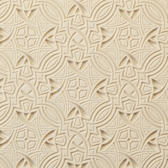 Rollable Texture Tile - Nouveau Transition Embossed. Rollable Texture Tiles measure 4" x 5-1/2" overall and have a textured area of 2-3/8" x 4-7/8"; perfect for larger projects. Each texture has a shoulder that allows one of our Clay Thickness Rolling Frames to sit directly on the texture for rolling. Rollable Texture Tiles are flexible, washable and can be used with any soft clay. Spritz with CoolSlip or dust on Dry Powder Release for stick-free impressions when using metal clay and polymer clay.