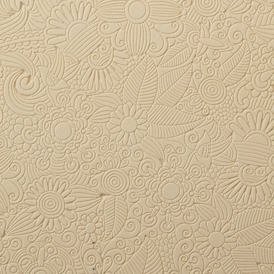 Rollable Texture Tile - Flower Party Fineline. Rollable Texture Tiles measure 4" x 5-1/2" overall and have a textured area of 2-3/8" x 4-7/8"; perfect for larger projects. Each texture has a shoulder that allows one of our Clay Thickness Rolling Frames to sit directly on the texture for rolling. Rollable Texture Tiles are flexible, washable and can be used with any soft clay. Spritz with CoolSlip or dust on Dry Powder Release for stick-free impressions when using metal clay and polymer clay.