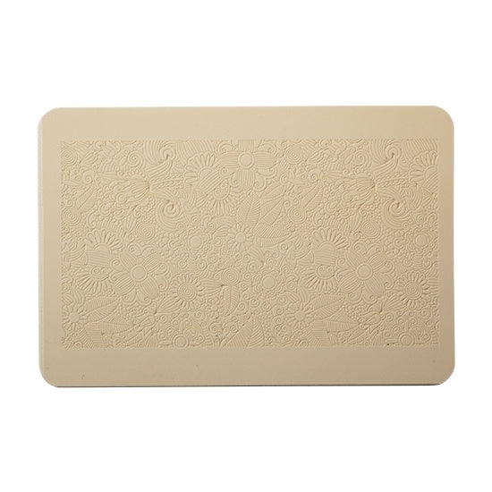 Rollable Texture Tile - Flower Party Fineline. Rollable Texture Tiles measure 4" x 5-1/2" overall and have a textured area of 2-3/8" x 4-7/8"; perfect for larger projects. Each texture has a shoulder that allows one of our Clay Thickness Rolling Frames to sit directly on the texture for rolling. Rollable Texture Tiles are flexible, washable and can be used with any soft clay. Spritz with CoolSlip or dust on Dry Powder Release for stick-free impressions when using metal clay and polymer clay.