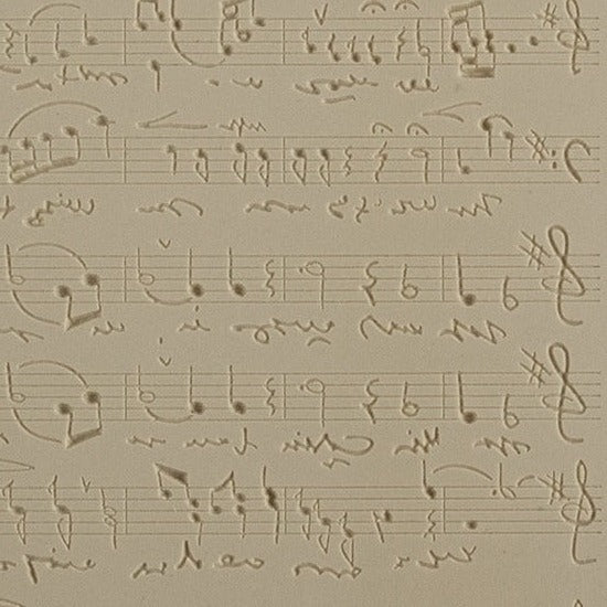 Rollable Texture Tile - Sheet Music Fineline. Rollable Texture Tiles measure 4" x 5-1/2" overall and have a textured area of 2-3/8" x 4-7/8"; perfect for larger projects. Each texture has a shoulder that allows one of our Clay Thickness Rolling Frames to sit directly on the texture for rolling. Rollable Texture Tiles are flexible, washable and can be used with any soft clay. Spritz with CoolSlip or dust on Dry Powder Release for stick-free impressions when using metal clay and polymer clay.