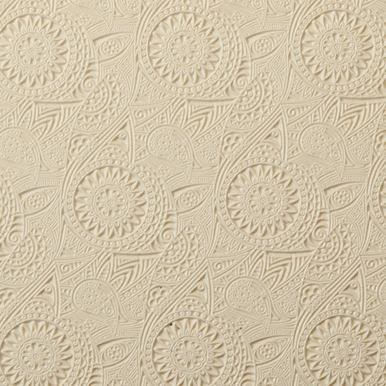 Rollable Texture Tile - Floral Medallions. Rollable Texture Tiles measure 4" x 5-1/2" overall and have a textured area of 2-3/8" x 4-7/8"; perfect for larger projects. Each texture has a shoulder that allows one of our Clay Thickness Rolling Frames to sit directly on the texture for rolling. Rollable Texture Tiles are flexible, washable and can be used with any soft clay. Spritz with CoolSlip or dust on Dry Powder Release for stick-free impressions when using metal clay and polymer clay.