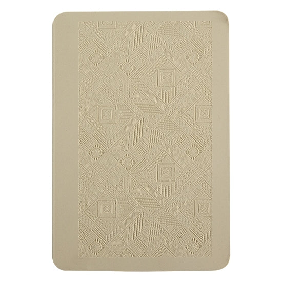 Rollable Texture Tile - Geo Quilt. Rollable Texture Tiles measure 4" x 5-1/2" overall and have a textured area of 2-3/8" x 4-7/8"; perfect for larger projects. Each texture has a shoulder that allows one of our Clay Thickness Rolling Frames to sit directly on the texture for rolling. Rollable Texture Tiles are flexible, washable and can be used with any soft clay. Spritz with CoolSlip or dust on Dry Powder Release for stick-free impressions when using metal clay and polymer clay.