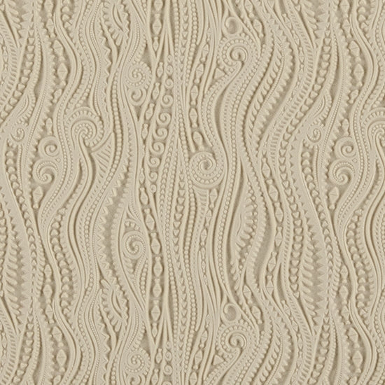 Rollable Texture Tile - Tribal Vines. Rollable Texture Tiles measure 4" x 5-1/2" overall and have a textured area of 2-3/8" x 4-7/8"; perfect for larger projects. Each texture has a shoulder that allows one of our Clay Thickness Rolling Frames to sit directly on the texture for rolling. Rollable Texture Tiles are flexible, washable and can be used with any soft clay. Spritz with CoolSlip or dust on Dry Powder Release for stick-free impressions when using metal clay and polymer clay.