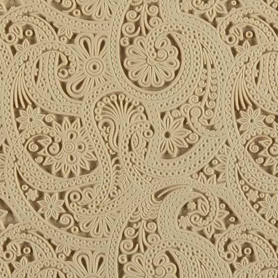 Rollable Texture Tile - Eastern Paisley. Rollable Texture Tiles measure 4" x 5-1/2" overall and have a textured area of 2-3/8" x 4-7/8"; perfect for larger projects. Each texture has a shoulder that allows one of our Clay Thickness Rolling Frames to sit directly on the texture for rolling. Rollable Texture Tiles are flexible, washable and can be used with any soft clay. Spritz with CoolSlip or dust on Dry Powder Release for stick-free impressions when using metal clay and polymer clay.