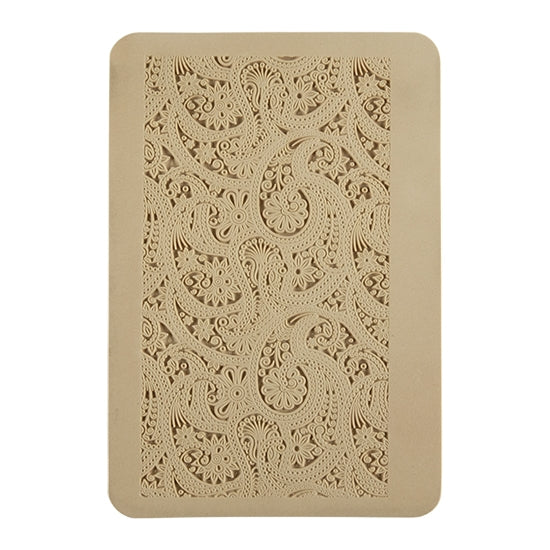 Rollable Texture Tile - Eastern Paisley. Rollable Texture Tiles measure 4" x 5-1/2" overall and have a textured area of 2-3/8" x 4-7/8"; perfect for larger projects. Each texture has a shoulder that allows one of our Clay Thickness Rolling Frames to sit directly on the texture for rolling. Rollable Texture Tiles are flexible, washable and can be used with any soft clay. Spritz with CoolSlip or dust on Dry Powder Release for stick-free impressions when using metal clay and polymer clay.