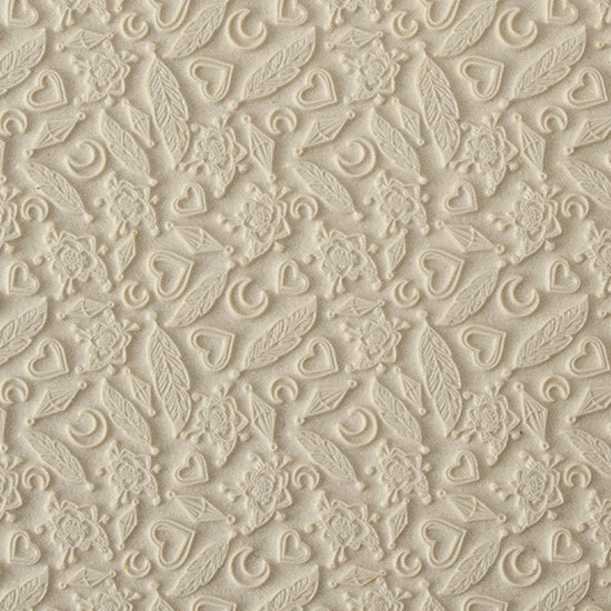 Rollable Texture Tile - Lucky Charms. Rollable Texture Tiles measure 4" x 5-1/2" overall and have a textured area of 2-3/8" x 4-7/8"; perfect for larger projects. Each texture has a shoulder that allows one of our Clay Thickness Rolling Frames to sit directly on the texture for rolling. Rollable Texture Tiles are flexible, washable and can be used with any soft clay. Spritz with CoolSlip or dust on Dry Powder Release for stick-free impressions when using metal clay and polymer clay.