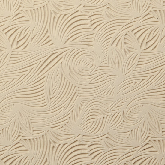 Rollable Texture Tile - Floral Scrolls. Rollable Texture Tiles measure 4" x 5-1/2" overall and have a textured area of 2-3/8" x 4-7/8"; perfect for larger projects. Each texture has a shoulder that allows one of our Clay Thickness Rolling Frames to sit directly on the texture for rolling. Rollable Texture Tiles are flexible, washable and can be used with any soft clay. Spritz with CoolSlip or dust on Dry Powder Release for stick-free impressions when using metal clay and polymer clay.