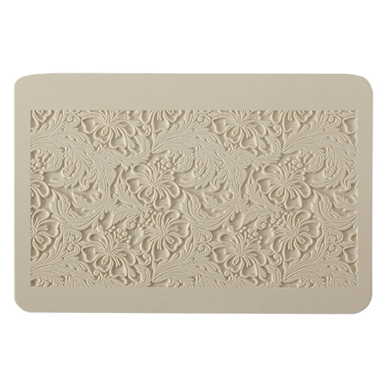 Rollable Texture Tile - Hibiscus. Rollable Texture Tiles measure 4" x 5-1/2" overall and have a textured area of 2-3/8" x 4-7/8"; perfect for larger projects. Each texture has a shoulder that allows one of our Clay Thickness Rolling Frames to sit directly on the texture for rolling. Rollable Texture Tiles are flexible, washable and can be used with any soft clay. Spritz with CoolSlip or dust on Dry Powder Release for stick-free impressions when using metal clay and polymer clay.