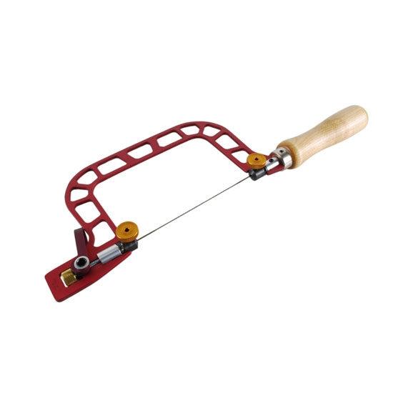 Knew Concept Hand Saw with Cam-Lever Tension and Swivel Blade Clamps - 3" Designed to swing the rear of the frame out of the way. Discover why Knew Concepts saws are a cut above the rest. Knew Concepts saws are designed to be exceptionally light and rigid. This saw frame provides precise control, reduced blade breakage, and virtually no flex. Best of all, the hardened aluminum frame is extremely light and easy to handle.