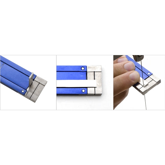 blue metal Whaley Ring Gauge in useThe Whaley Ring Gauge allows jewelers to cut perfectly sized ring stock in a variety of thicknesses, in any metal, eliminating the need for charts or complicated formulas.