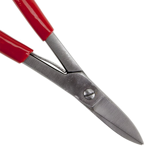 red handled Metal Shear with Spring Use to cut slab material and wire up to 16 gauge (20 gauge for hard metals)These straight blade shears with leaf springs can be used for cutting templates and patterns from medium hard metal sheet up to 20 gauge or soft sheet to 16 gauge. Overall length 7 inches. Blade length 1-1/2".