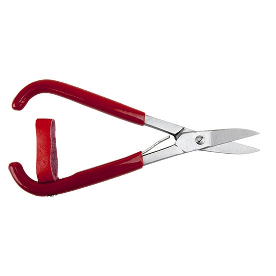 red handled Metal Shear with Spring Use to cut slab material and wire up to 16 gauge (20 gauge for hard metals)These straight blade shears with leaf springs can be used for cutting templates and patterns from medium hard metal sheet up to 20 gauge or soft sheet to 16 gauge. Overall length 7 inches. Blade length 1-1/2".