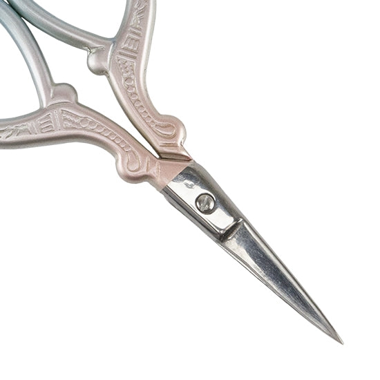 Stainless Steel Precision Scissors Use to cut thread, paper, gold foil with precision. The perfect pair of scissors for all beading and other delicate work. Large handles, made of lightweight black ABS plastic and sculpted for more comfort than traditional scissor handles. Small pointed blades are made of high-quality stainless steel held together with a high-impact rivet and nylon washer for smooth cutting and extended life. Blade length 3/4".