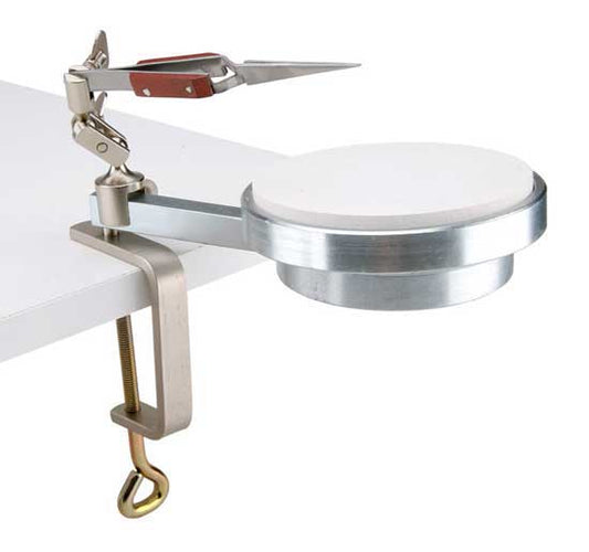 Heetrix® Soldering Kit mouted to counter. The Heetrix, designed by Jay Whaley, mounts on top of the bench and the soldering platform swings out of the way when not in use. It also rotates for convenience