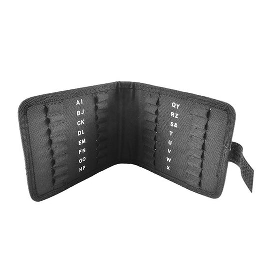 black Metal Stamp Case Use to hold extra letter metal stamps or metal design stamps 32 slots. Closed 6" x 4-7/8" x 7/8"