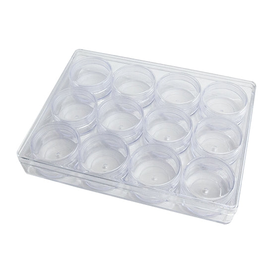 clear plastic Storage System Organizer is ideal to store finishing touches, tiny beads, or stones for all your jewelry making needs. Comes with 12 or 24 screw-top jars to hold your delicate essentials with care. It also includes a big box to hold the jars together. 