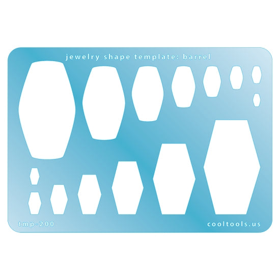 Blue plastic Jewelry Shape Template - Barrel Our special surface makes it easy to find these templates on your workbench, but allows clarity for positioning. Includes 15 barrel shapes, 2 styles. Sizes are from 8mm to 48mm.