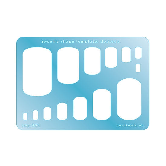 Blue plastic Jewelry Shape Template - Dogtag Our special surface makes it easy to find these templates on your workbench, but allows clarity for positioning. Includes 14 dog tag shapes, 2 styles. Sizes are from 7mm to 47mm. 