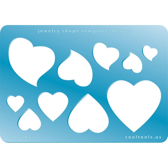 Blue plastic Jewelry Shape Template - Hearts Our special surface makes it easy to find these templates on your workbench, but allows clarity for positioning. Includes 10 heart shapes, 2 styles. Sizes are from 13mm to 38mm.