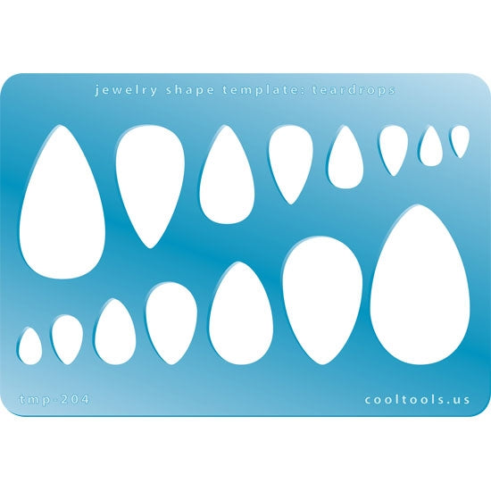 Blue plastic Jewelry Shape Template - Teardrops Our special surface makes it easy to find these templates on your workbench, but allows clarity for positioning. Includes 15 teardrop shapes, 2 styles. Sizes are from 6.5mm to 38mm.