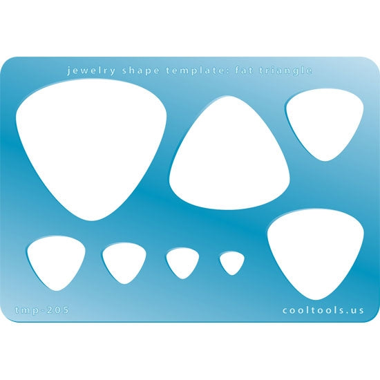 Blue plastic Jewelry Shape Template - Fat Triangle Our special surface makes it easy to find these templates on your workbench, but allows clarity for positioning. Includes 8 puffy triangle shapes. Sizes are from 7.5mm to 48mm.