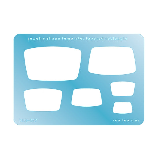 Blue plastic Jewelry Shape Template - Tapered Rectangle Our special surface makes it easy to find these templates on your workbench, but allows clarity for positioning. Includes 6 rectangle shapes. Sizes are from 19mm to 57mm wide.