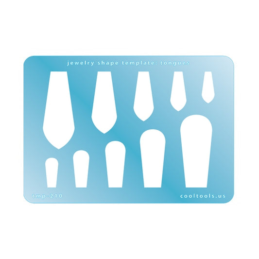 Blue plastic Jewelry Shape Template - Tongues Our special surface makes it easy to find these templates on your workbench, but allows clarity for positioning. Includes 10 tongue shapes, 2 styles. Sizes are from 19mm to 48mm.