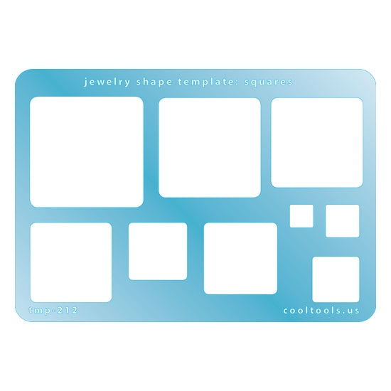 Blue plastic Jewelry Shape Template - Squares Our special surface makes it easy to find these templates on your workbench, but allows clarity for positioning. Includes 9 square shapes. Sizes are from 22mm to 38mm.