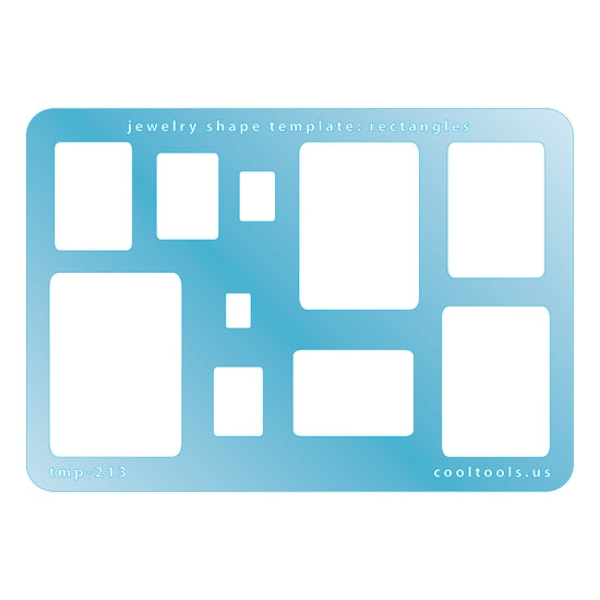 Blue plastic Jewelry Shape Template - Rectangles Our special surface makes it easy to find these templates on your workbench, but allows clarity for positioning. Includes 10 rectangle shapes. Sizes are from 8mm to 43mm tall.