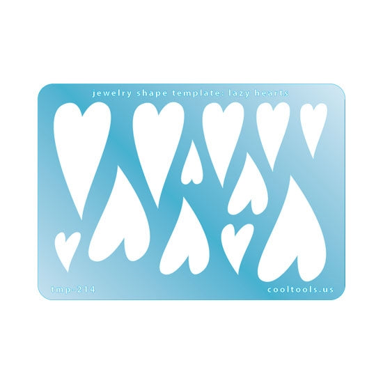 Blue plastic Jewelry Shape Template - Lazy Hearts Our special surface makes it easy to find these templates on your workbench, but allows clarity for positioning. Includes 12 heart shapes, 2 styles. Sizes are from 19mm to 51mm tall.