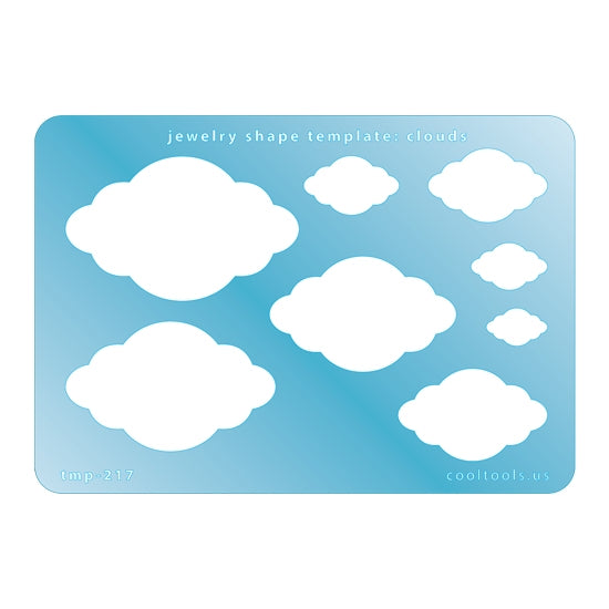 Blue plastic Jewelry Shape Template - Clouds Our special surface makes it easy to find these templates on your workbench, but allows clarity for positioning. Includes 8 cloud shapes. Sizes are from 16mm to 57mm.