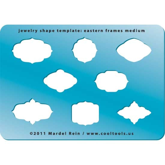 Blue plastic Jewelry Shape Template - Eastern Frames Medium Our special surface makes it easy to find these templates on your workbench, but allows clarity for positioning. Includes 8 different eastern frame shapes. Sizes are from 25.5mm to 32mm.