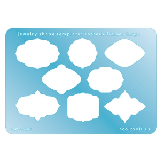 Blue plastic Jewelry Shape Template - Eastern Frames Large Our special surface makes it easy to find these templates on your workbench, but allows clarity for positioning. Includes 8 different eastern frame shapes. Sizes are from 35mm to 38mm.