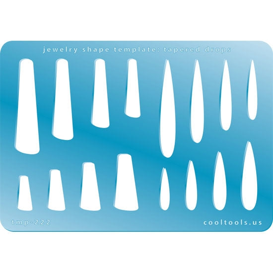 Blue plastic Jewelry Shape Template - Tapered Drops Our special surface makes it easy to find these templates on your workbench, but allows clarity for positioning. Includes 16 drop shapes, 4 styles. Sizes are from 19mm to 44.5mm.