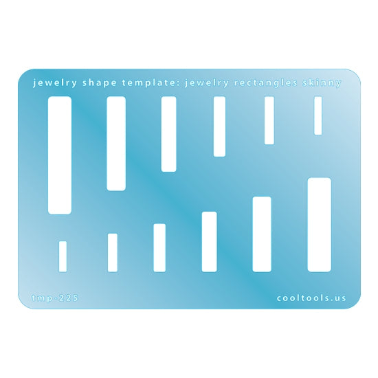 Blue plastic Jewelry Shape Template - Jewelry Rectangles Skinny Includes 12 rectangle shapes, 2 widths. Sizes are from 19mm to 44.5mm. Our special surface makes it easy to find these templates on your workbench, but allows clarity for positioning.