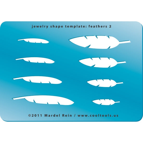 Blue plastic Jewelry Shape Template - Feathers 2 Our special surface makes it easy to find these templates on your workbench, but allows clarity for positioning. Includes 8 feather shapes, 2 styles. Sizes are from 23.5mm to 54mm. 