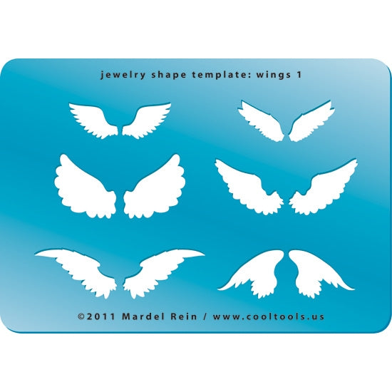 Blue plastic Jewelry Shape Template - Wings 1 Our special surface makes it easy to find these templates on your workbench, but allows clarity for positioning. Includes 6 different wing shapes. Size of wing spans are from 32mm to 54 mm.