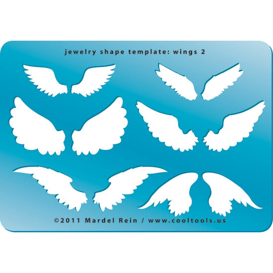 Blue plastic Jewelry Shape Template - Wings 2 Our special surface makes it easy to find these templates on your workbench, but allows clarity for positioning. Includes 6 different wing shapes. Size of wing spans are from 38mm to 70mm.