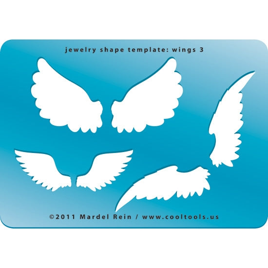 Blue plastic Jewelry Shape Template - Wings 3 Our special surface makes it easy to find these templates on your workbench, but allows clarity for positioning. Includes 3 different wing shapes. Size of wing spans are from 56mm to 92mm.