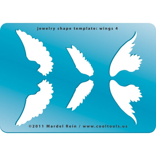 Blue plastic Jewelry Shape Template - Wings 4 Our special surface makes it easy to find these templates on your workbench, but allows clarity for positioning. Includes 3 different wing shapes. Size of wing spans are from 53mm to 78mm.