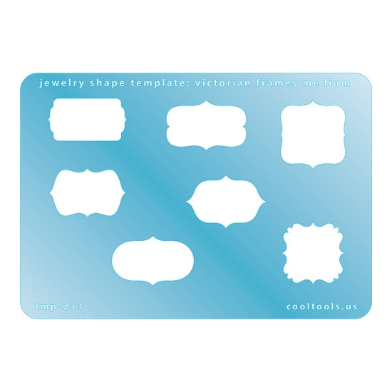 Blue plastic Jewelry Shape Template - Victorian Frames Medium Our special surface makes it easy to find these templates on your workbench, but allows clarity for positioning. Includes 7 different Victorian frames. Sizes are from 21.5mm to 29.5mm.