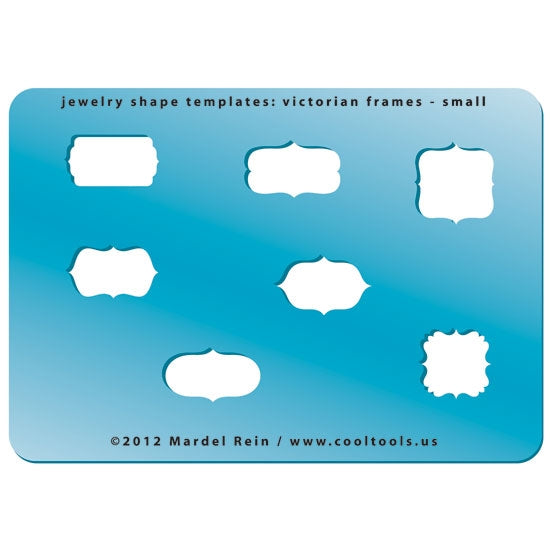 Blue plastic Jewelry Shape Template - Victorian Frames Small Our special surface makes it easy to find these templates on your workbench, but allows clarity for positioning. Includes 7 different Victorian frames. Sizes are from 15.5mm to 22.5mm.