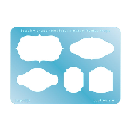 Blue plastic Jewelry Shape Template - Vintage Frames Large Our special surface makes it easy to find these templates on your workbench, but allows clarity for positioning. Includes 5 different vintage frames. Sizes are from 30.5mm to 55.5mm.