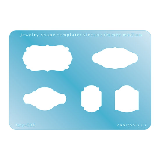 Blue plastic Jewelry Shape Template - Vintage Frames Medium Our special surface makes it easy to find these templates on your workbench, but allows clarity for positioning. Includes 5 different vintage frames. Sizes are from 24mm to 45.5mm.