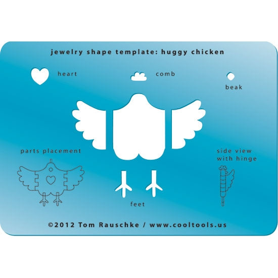 Jewelry Shape Template - Huggy Chicken Our special surface makes it easy to find these templates on your workbench, but allows clarity for positioning. Use our Ultra Clay Pick for best results!  Includes shapes to create a chicken with hinged wings. Size of chicken is 61mm.