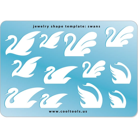 Blue plastic Jewelry Shape Template - Swans Our special surface makes it easy to find these templates on your workbench, but allows clarity for positioning. Includes 12 swan shapes, 4 styles. Sizes are from 14mm to 30mm.