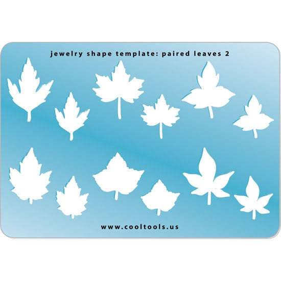 Blue plastic Jewelry Shape Template - Paired Leaves 2 Our special surface makes it easy to find these templates on your workbench, but allows clarity for positioning. Includes 12 paired leaf shapes, 6 styles. Sizes are from 16.5mm to 29mm.