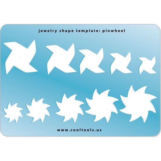 Blue plastic Jewelry Shape Template - Pinwheel Our special surface makes it easy to find these templates on your workbench, but allows clarity for positioning. Includes 10 pinwheel shapes, 2 styles. Sizes are from 13mm to 29mm.